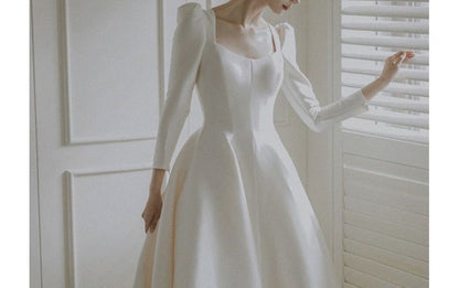 Plain Square-Neck Puff-Sleeve Gown A-Line Wedding