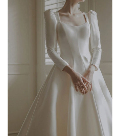 Plain Square-Neck Puff-Sleeve Gown A-Line Wedding