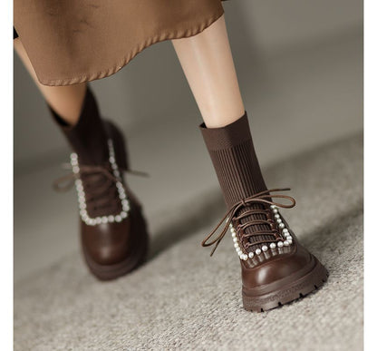 Lace-Up Faux Pearl Short Sock Boots