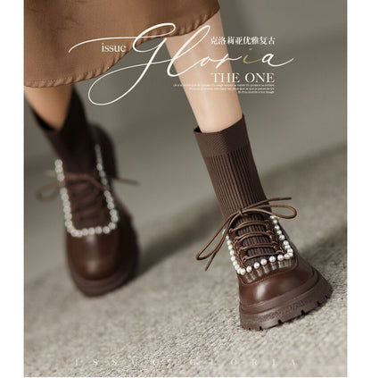 Lace-Up Faux Pearl Short Sock Boots