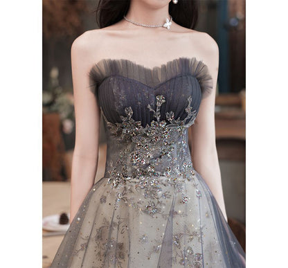 Strapless Sheer Panel Glitter A-Line Evening Gown