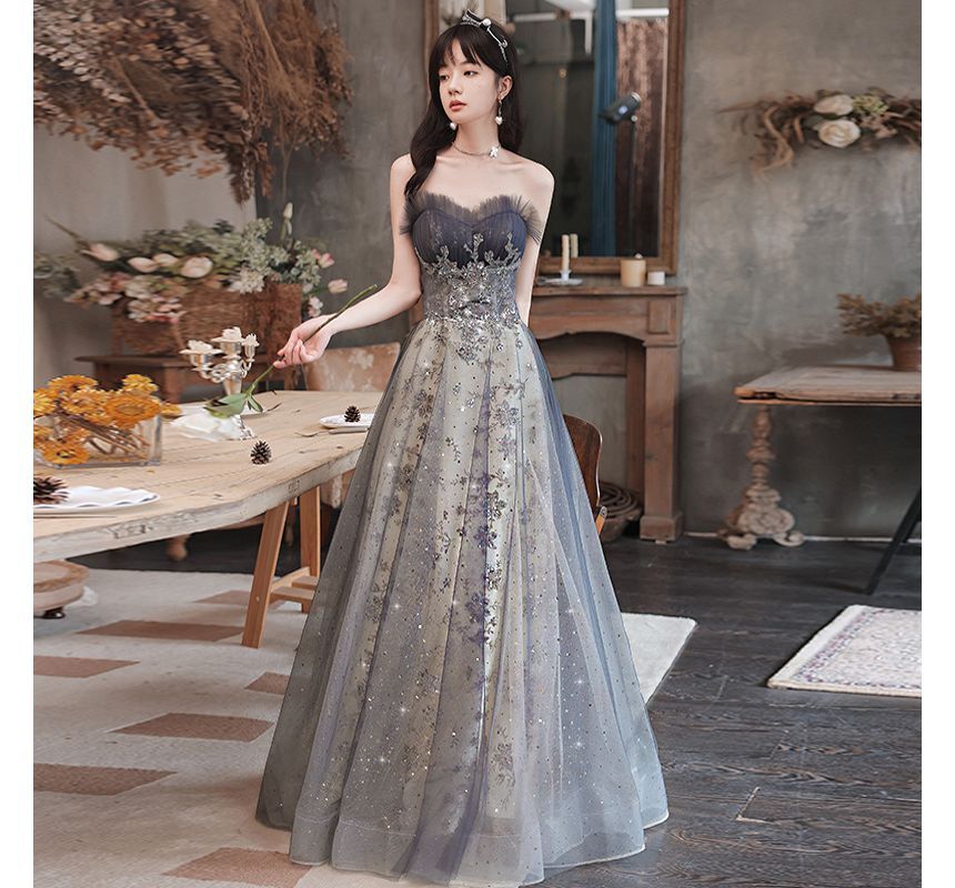 Strapless Sheer Panel Glitter A-Line Evening Gown