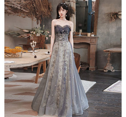 Glitter Evening Sheer Panel A-Line Strapless Gown