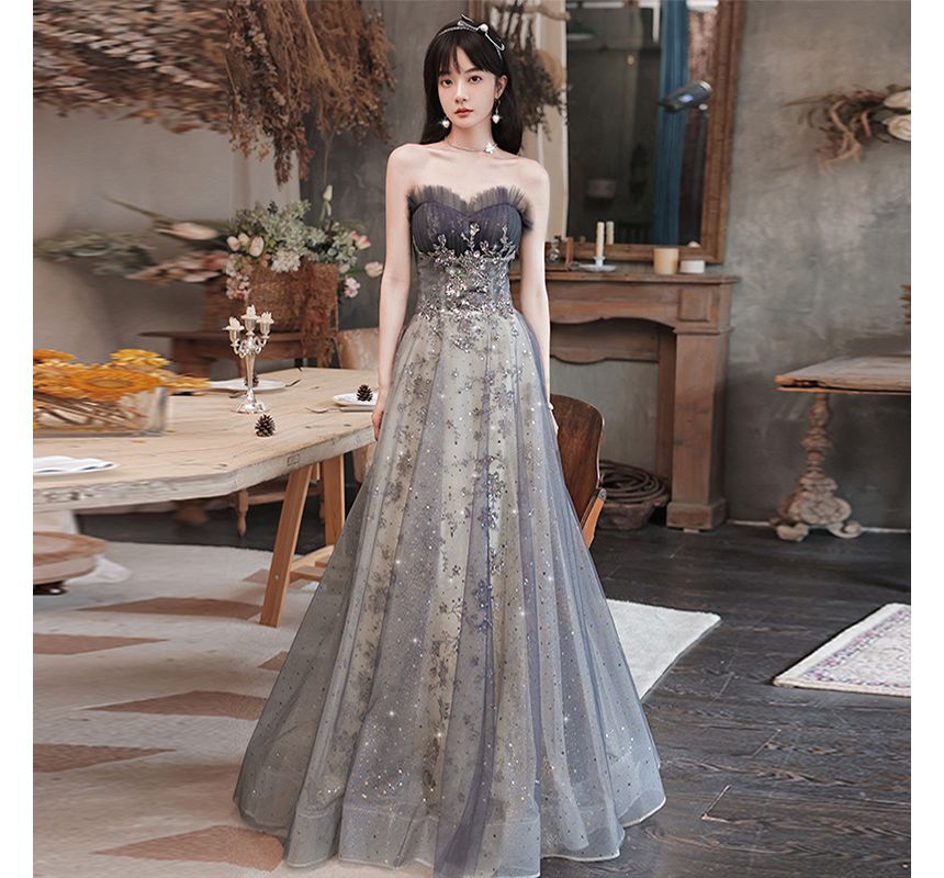 Strapless Sheer Panel Glitter A-Line Evening Gown