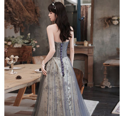 Glitter Evening Sheer Panel A-Line Strapless Gown