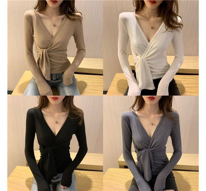 Knot Top Long-Sleeve V-Neck Plain Slim-Fit