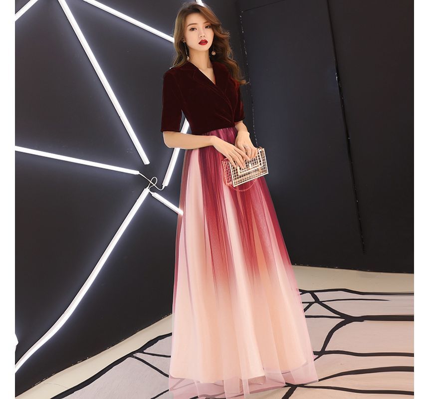Short-Sleeve V-Neck A-Line Gown Ombre Evening