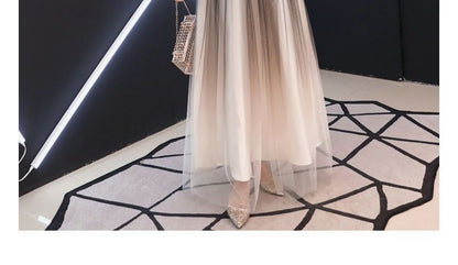 Short-Sleeve V-Neck A-Line Gown Ombre Evening