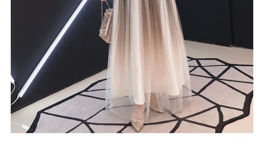 Short-Sleeve V-Neck Ombre A-Line Evening Gown