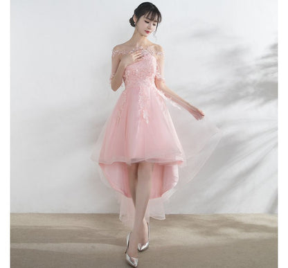 Short-Sleeve Lace Trim High Low Cocktail Dress