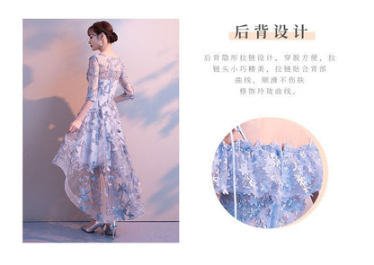 Elbow-Sleeve Floral Embroidered High Low Cocktail Dress