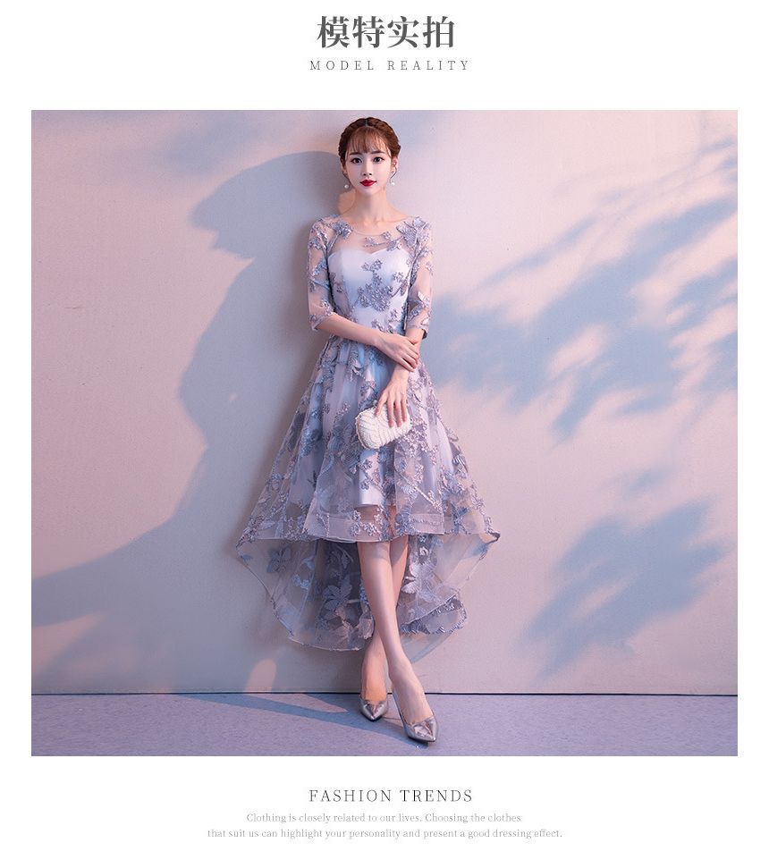 Elbow-Sleeve Floral Embroidered High Low Cocktail Dress