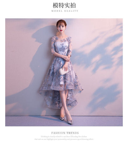 Elbow-Sleeve Floral Embroidered High Low Cocktail Dress