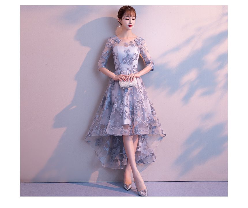 Elbow-Sleeve Floral Embroidered High Low Cocktail Dress