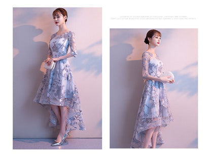 Elbow-Sleeve Floral Embroidered High Low Cocktail Dress