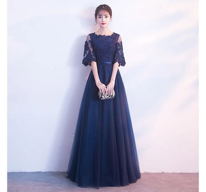 Short-Sleeve Floral Embroidered A-Line Evening Gown