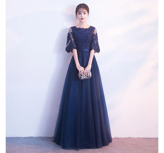 Short-Sleeve Floral Embroidered A-Line Evening Gown