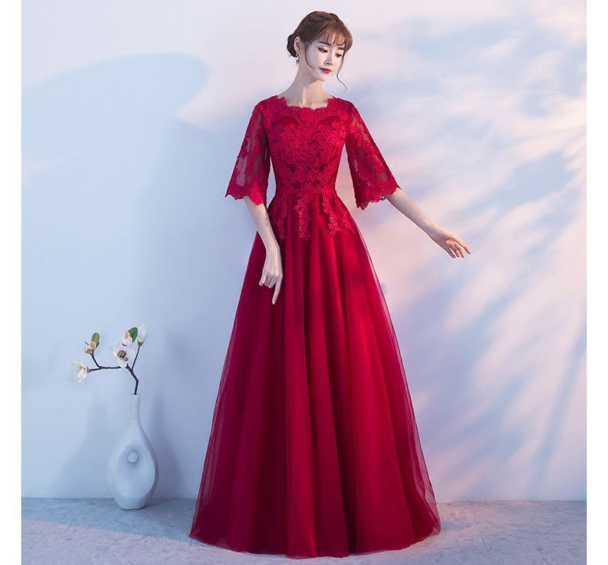 Floral Short-Sleeve A-Line Gown Evening Embroidered