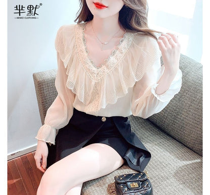 Ruffled Lace-Trim Long-Sleeve V-Neck Blouse