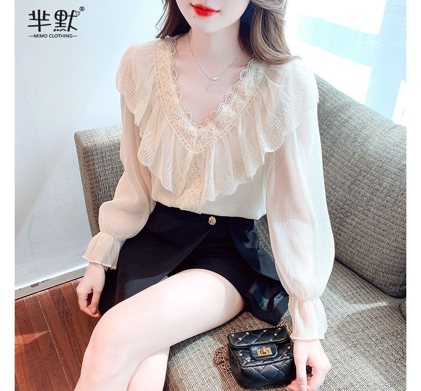 Ruffled Lace-Trim Long-Sleeve V-Neck Blouse