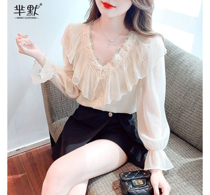 Ruffled Lace-Trim Long-Sleeve V-Neck Blouse