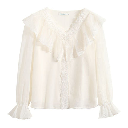 Ruffled Lace-Trim Long-Sleeve V-Neck Blouse