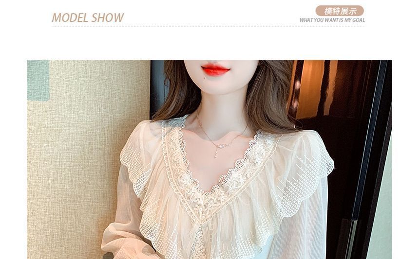 Ruffled Lace-Trim Long-Sleeve V-Neck Blouse
