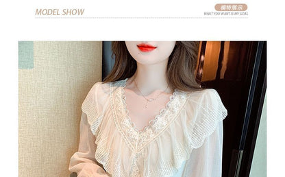 Ruffled Lace-Trim Long-Sleeve V-Neck Blouse