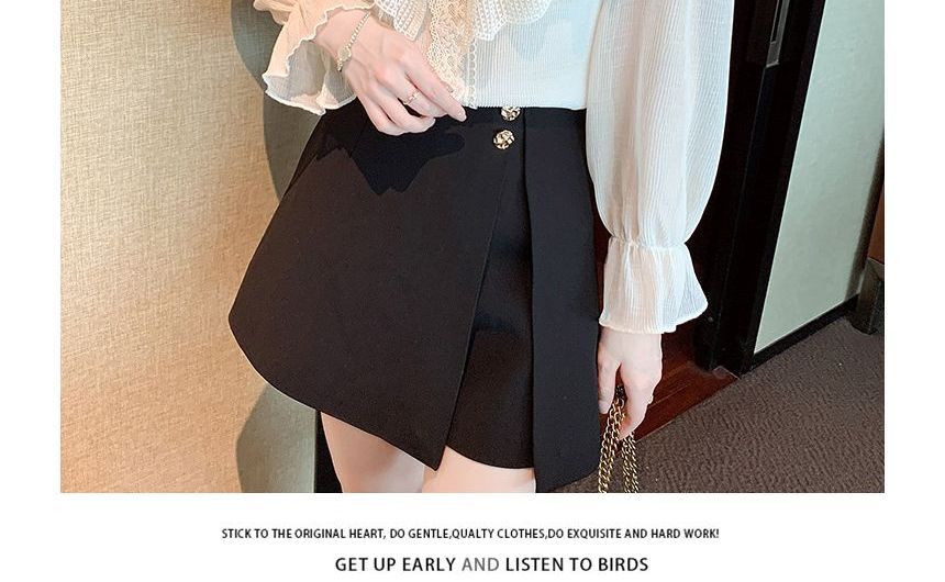 Ruffled Lace-Trim Long-Sleeve V-Neck Blouse