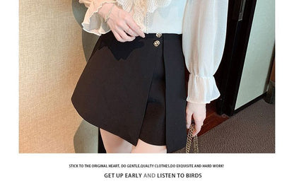 Ruffled Lace-Trim Long-Sleeve V-Neck Blouse