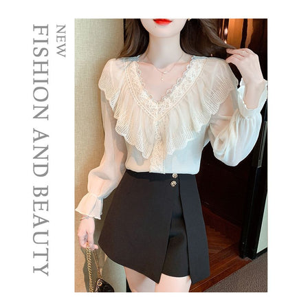Ruffled Lace-Trim Long-Sleeve V-Neck Blouse