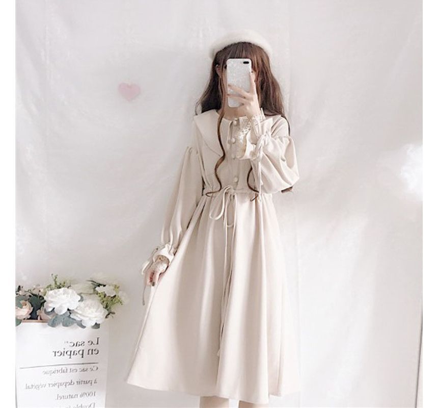 Contrast Trim Cape / Long-Sleeve Collared Plain Midi A-Line Dress