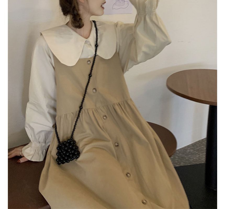 Long-Sleeve Collared Plain Blouse / Square-Neck Plain Midi Overall Dress