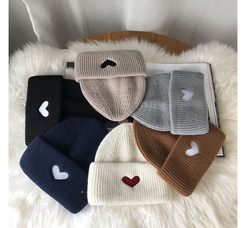 Heart Embroidered Knit Beanie