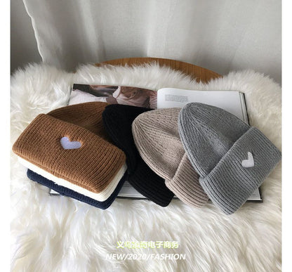 Heart Embroidered Knit Beanie