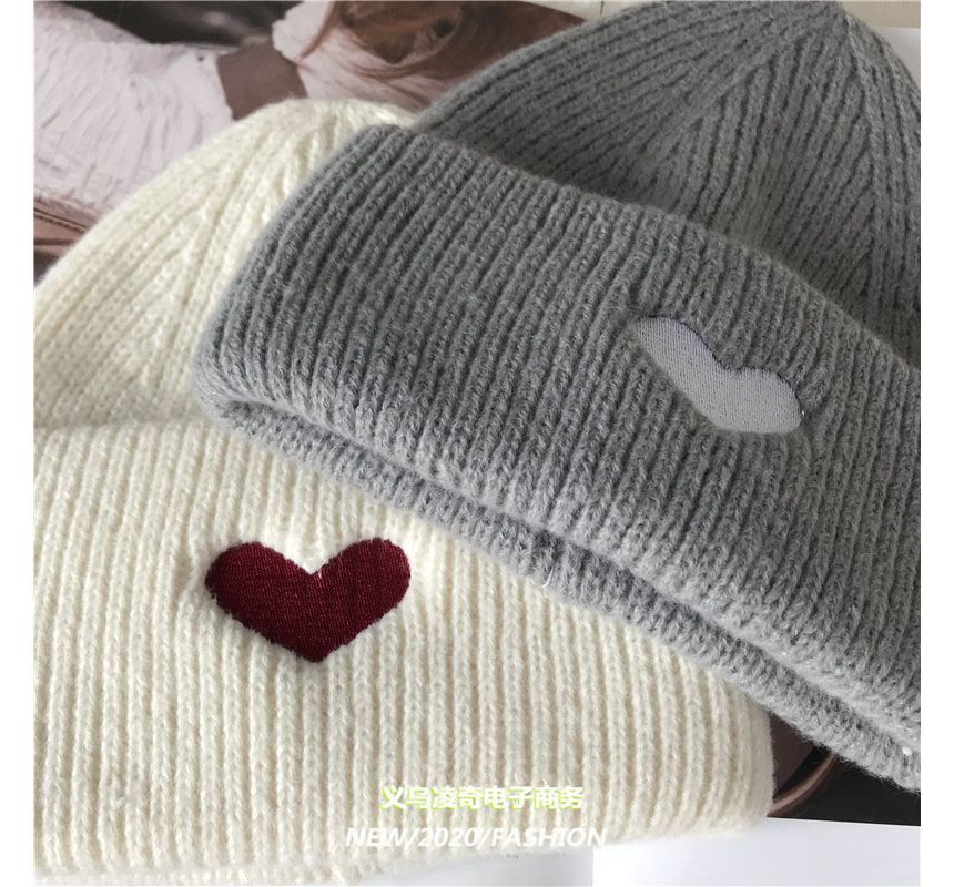 Heart Embroidered Knit Beanie