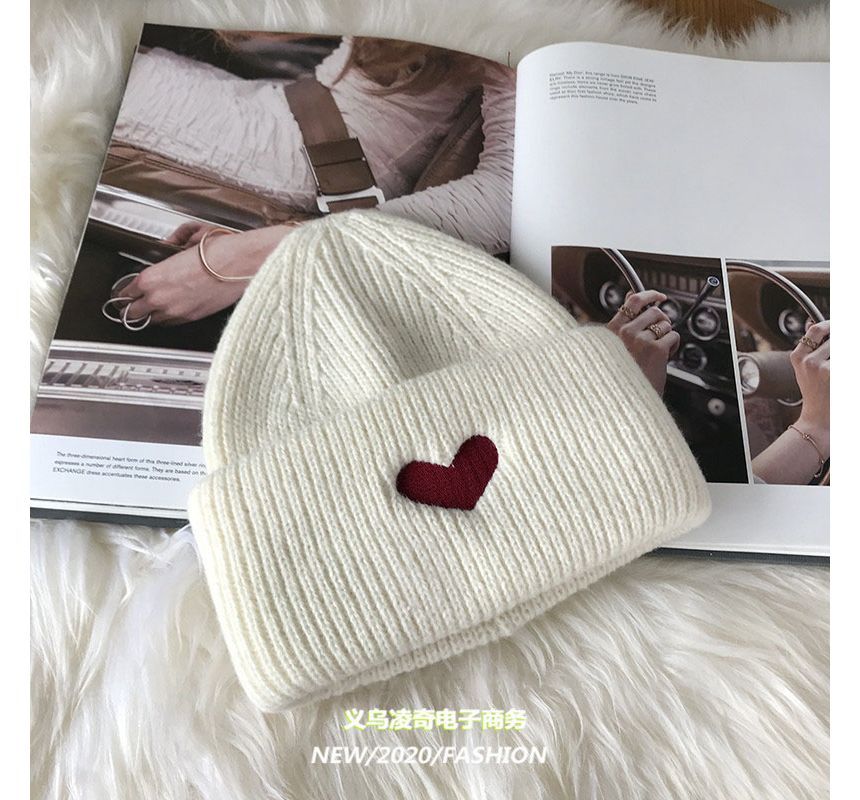 Heart Embroidered Knit Beanie