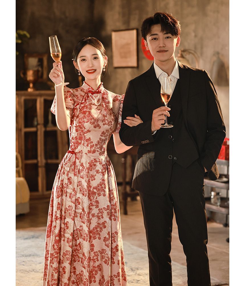 Evening Short-Sleeve Qipao Embroidered Gown Bridal Floral