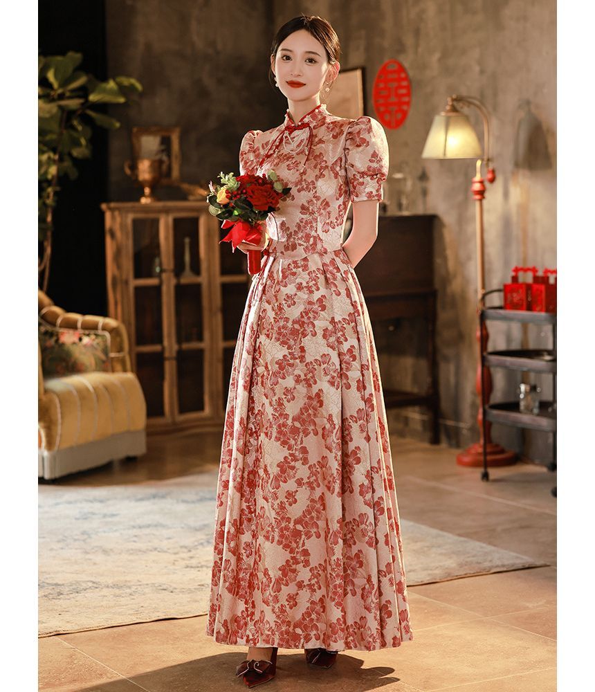 Evening Short-Sleeve Qipao Embroidered Gown Bridal Floral