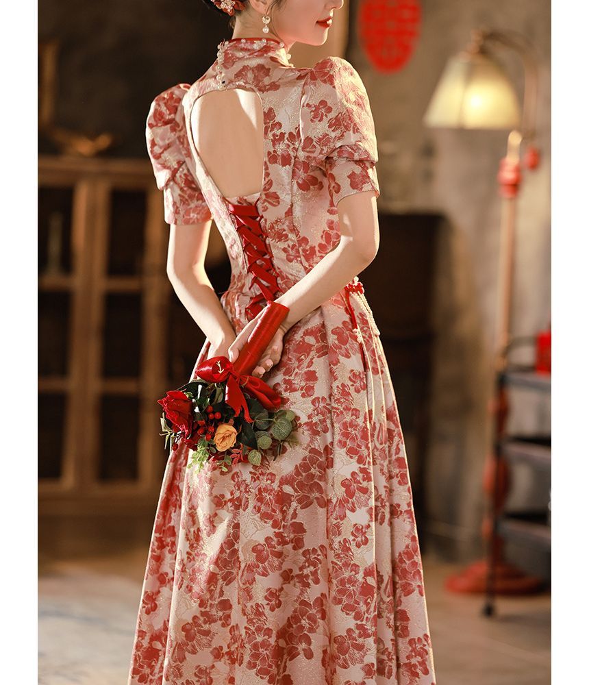 Evening Short-Sleeve Qipao Embroidered Gown Bridal Floral