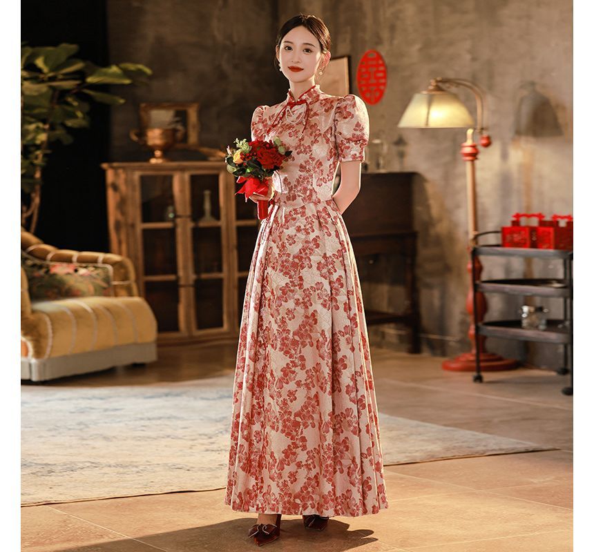Evening Short-Sleeve Qipao Embroidered Gown Bridal Floral
