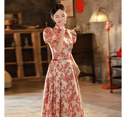 Evening Short-Sleeve Qipao Embroidered Gown Bridal Floral