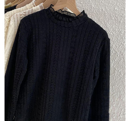 Mock-Neck Lace-Trim Knit Top