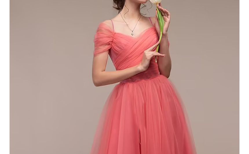 Gown Cold-Shoulder Mesh Shirred Evening A-Line