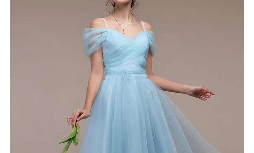 Gown Cold-Shoulder Mesh Shirred Evening A-Line