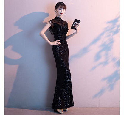 Fringed Mermaid Trim Short-Sleeve Sequin Evening Gown