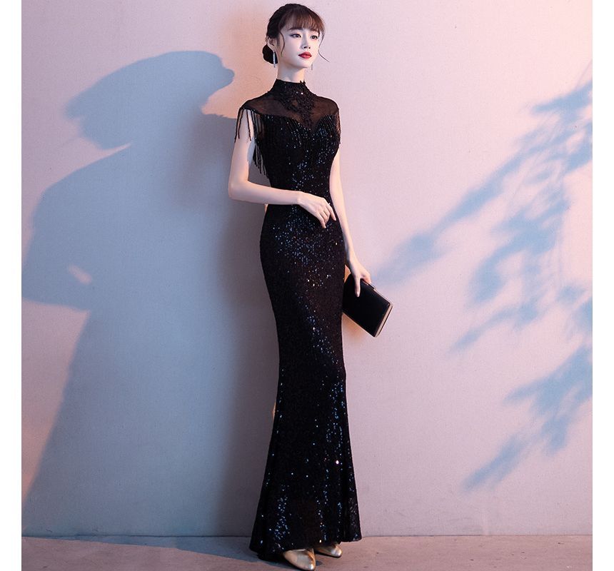 Short-Sleeve Sequin Fringed Trim Mermaid Evening Gown