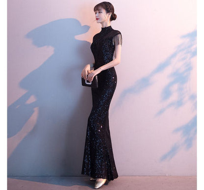 Fringed Mermaid Trim Short-Sleeve Sequin Evening Gown