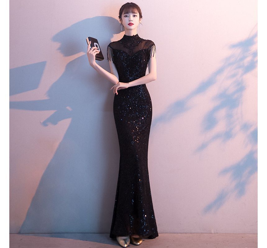 Fringed Mermaid Trim Short-Sleeve Sequin Evening Gown