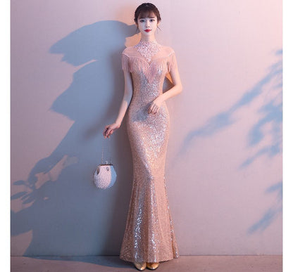 Fringed Mermaid Trim Short-Sleeve Sequin Evening Gown